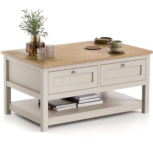 CHRISTOW Coffee Table with Storage & Oak-Effect Top, Lower Shelf & 2 Pull-Down Drawers, Modern 2-Tier Living Room or Bedroom Table, Sturdy MDF Frame, Matte Painted – Pebble, H43cm x W86cm x D55cm