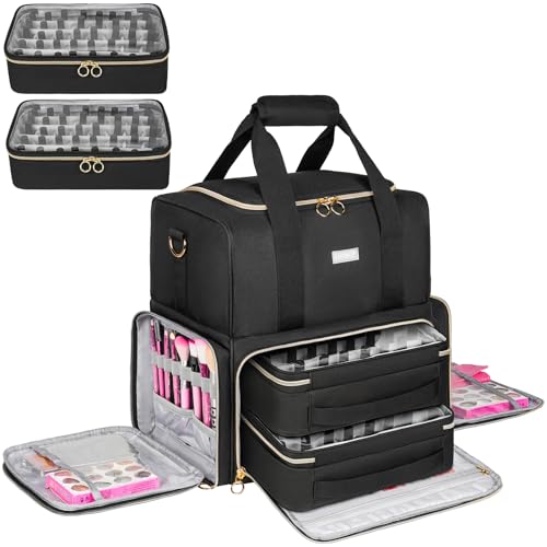 Nagellack Tasche Doppelschichtige Nagellack Aufbewahrung Organizer Tasche für 80 Flaschen (15 ml) und eine Nagellampe groß Schminkkoffer mit Aufbewahrungsfächern Schwarz
