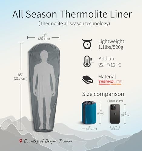 Thermolite All Season Sleeping Bag Liner Add Up to 22°F / 12°C, Mummy Sleeping Sack for Backpacking, Camping, Traveling, for Cold Weather Winter, Sleep Sack with Drawstring Hood E626