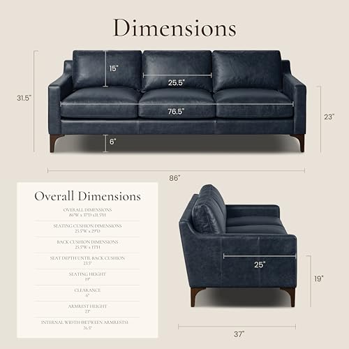 Image of Poly & Bark Sorrento Leather Couch - 86 Inch Sofa - Full-Grain Leather Sofa for Living Room with Feather Down Topper - Living Room Couch - Pure Aniline Vintage Italian Leather in Nightfall Blue