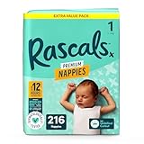 Rascals Premium Nappies丨Size 1丨Total 216 Nappies丨Absorbent丨infant丨overnight Diapers Dry and Gentle Diapers nighttime丨4 Layers of Protection and Feather-Soft Materials (Size 1)