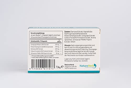 NatureHerb COGINAIN® - Für aktive Männer - Sexualität, geistige Fitness - Mit Cordyceps + Ginseng Extrakten - Damiana Spezialextrakt - Hochkonzentriert, 100% pflanzlich - 12 Kapseln – Bild 5