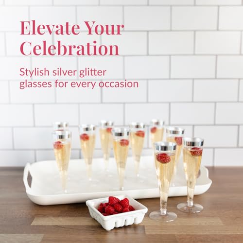 image for Prestee Set of 24 Silver Glitter Plastic Champagne Flutes - 4.5 oz Cap