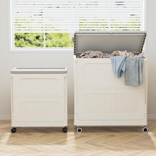 Image of HAIXIN HOME Slim Rolling Laundry Hamper with Lid, 60L Foldable Plastic Laundry Basket on Wheels with Handle, Dirty Clothes Hamper Cart for Narrow Spaces, Bedroom, Bathroom, Closet, Dorm, Under Table