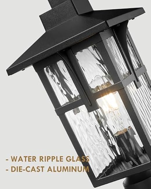 Outdoor Post Lights, HWH Large Lamp Post Light Fixtures, Exterior Pillar Lantern with Water Ripple Glass, Outdoor Pole Lamp for Column Pathway, Matte Black Finish, HX1P-SW BK (Large)