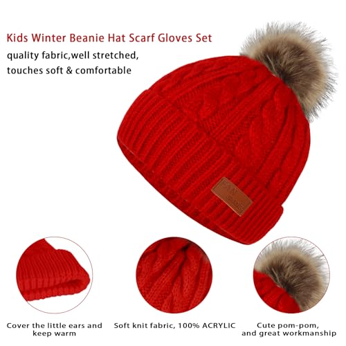 Image of Kids Hat Scarf Gloves Set, Kids Winter Beanie Hat Scarf Gloves Set with Knit Thick Warm Fleece Lined for 1-6 Years Old