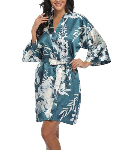Image of Women's Short Satin Robes Lightweight Silky V-Neck Sleepwear Wedding Bridal Party Bride Bridesmaid Bathrobes