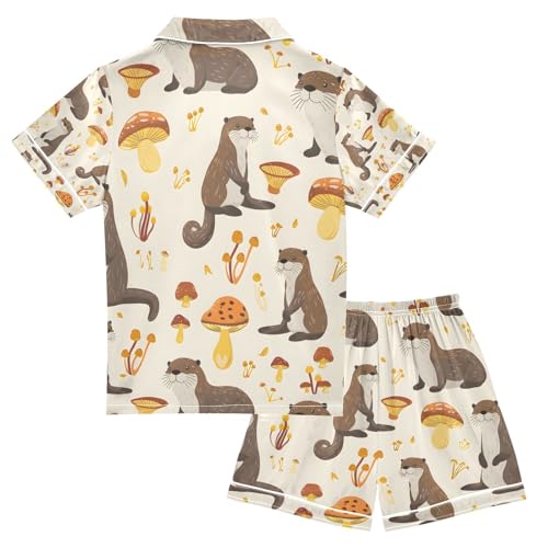 senya Otter Mushroom Satin Summer Pajama Sets Silk Short Sleeve Button Down Sleepwear2