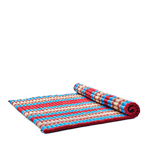 Image of Leewadee - Foldable Floor Mattress - Japanese Roll Up Futon -Trifold Tatami Mat- Guest Floor Bed - Camping Mattress - Thai Massage Mat, Kapok Filled, 75 x 57 inches, Blue Red