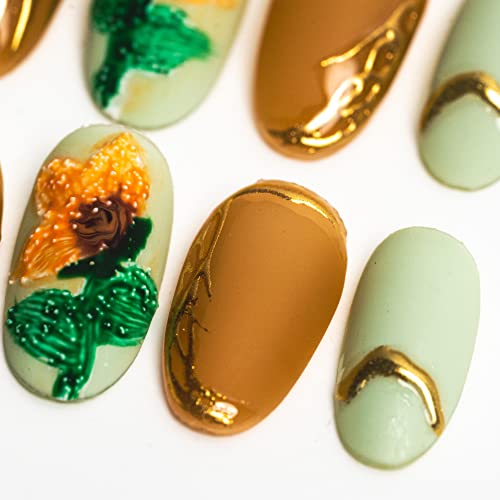 Sun&Beam Nails Handmade Press On Nails Medium Oval Mint Green Caramel Brown Gold Sunflower Floral Design Glossy 10 Pieces for Everyday Wear and Going Out (#022 L) - Image 3