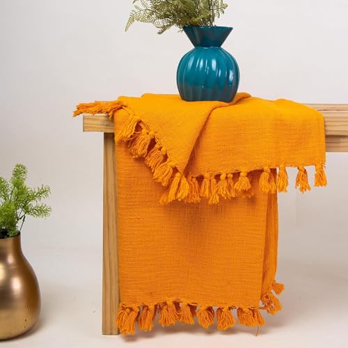 Image of Handmade Jute Cotton Sofa Throw Blanket 50x60 Inch Solid Soft for Couch, Living Room, Bed Reversible and Breathable (Orange)