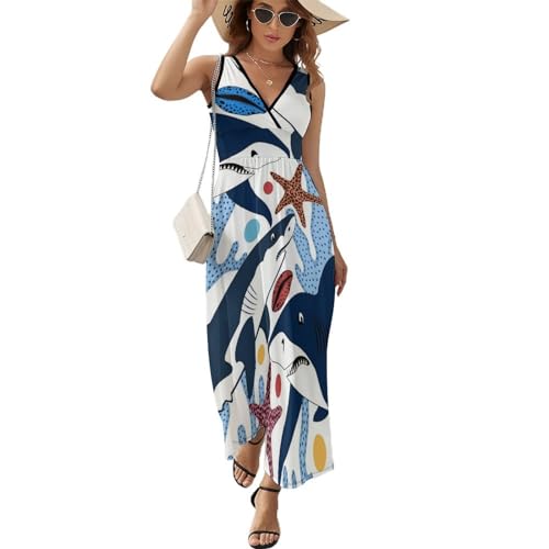 Robe longue d'été sans manches col V motif requin et étoile de mer robe maxi décontractée