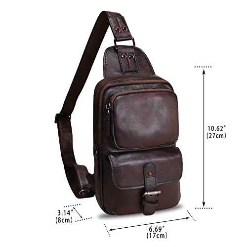 LRTO Genuine Leather Sling Bag Crossbody Motorcycle Bag Handmade Hiking Chest Daypack Retro Shoulder Backpack (Coffee)4