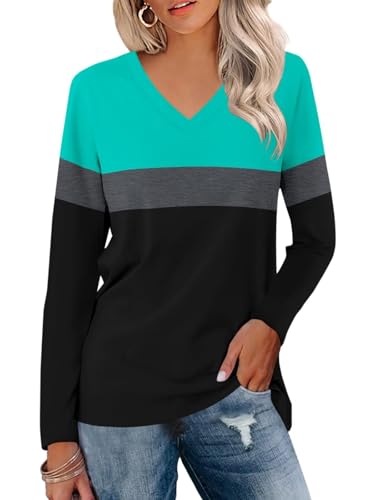 ORANDESIGNE Women's Long Sleeve Color Block Tunics Tops V Neck Casual Cute Shirts Fall Loose Fit Blouses Tees