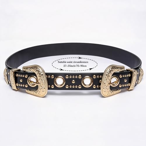 Image of Dubulle Womens Belt Chain Leather Belts Vintage Western Adjustable Elastic Double Buckle for Cowboy Pant Dress