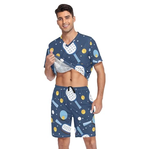 Men's Pajama Set Pickle Ball Pattern Short Sleeve with Shorts Pockets Sleepwear Set Summer Loungewear3