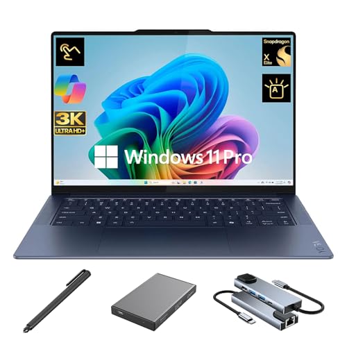 Lenovo Yoga Slim 7x 3K OLED Touchscreen Laptop, 14.5' 1000 nits Display, Snapdragon X Elite 12-Core NPU Copilot+ PC, 16GB RAM, 512GB SSD + 500GB Portable Drive, WiFi 7, Backlit, Stylus Pen, Win 11 Pro