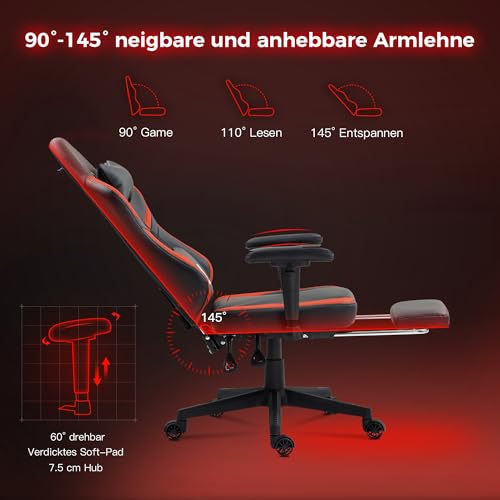 Sedia da gaming con cuscino a molle insacchettate e gancio, in pelle PU, con poggiatesta, ergonomica, da ufficio, con poggiapiedi, 135 kg, per adulti, colore nero e rosso - Sedia gaming - Immagine 5