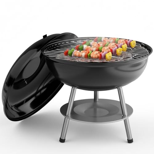 Outopee 14 Portable Charcoal Grill Tabletop Outdoor Barbecue Smoker with Dual Venting System Enamel Coated Small BBQ Grill for Camping Garden Party Picnic Cooking Black