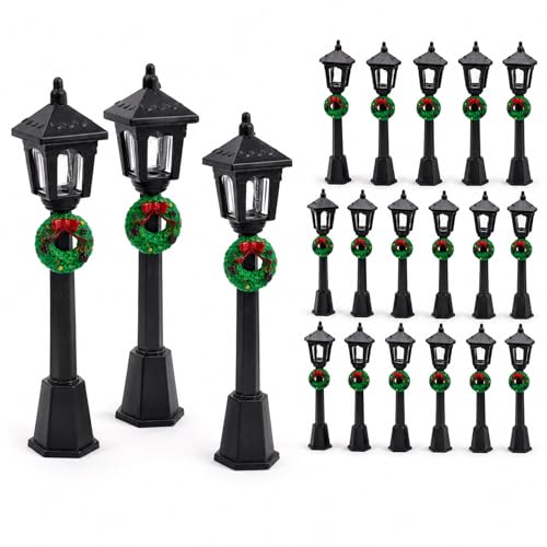 Mini lampadaires de Noël avec couronne pour village miniature (Lot de 20)