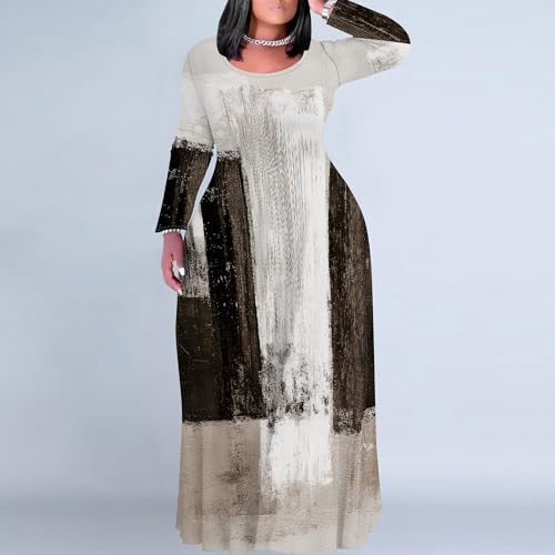 Image of PinkPatty Plus Size Maxi Dress for Curvy Women Crew Neck Long Sleeves Casual Dress Vacation Sundresses with Pockets