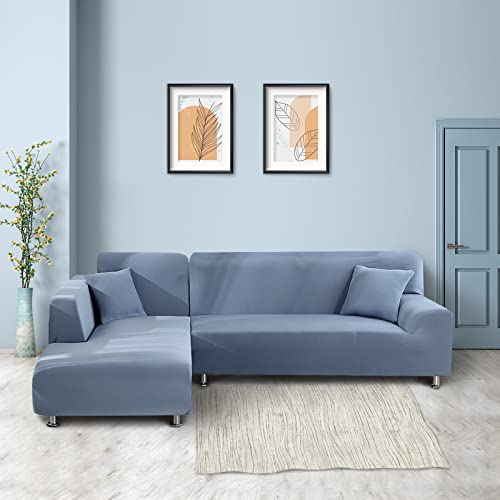 Lydevo Sofabezug Ecksofa L Form Sofa Überwürfe Stretch Sofabezug L Form Rechts oder Links mit Zwei Kissenbezügen Waschbar Universal-Couchbezug L Form Sofa Cover L Shape(2 Sitzer+2 Sitzer,Blau Grau)