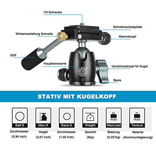 Kamera Stativ aus Aluminium Flexibel Dreibeinstativ Fotostativ mit Kugelkopf und Stativtasche Tragfähigkeit 6KG… – Bild 3
