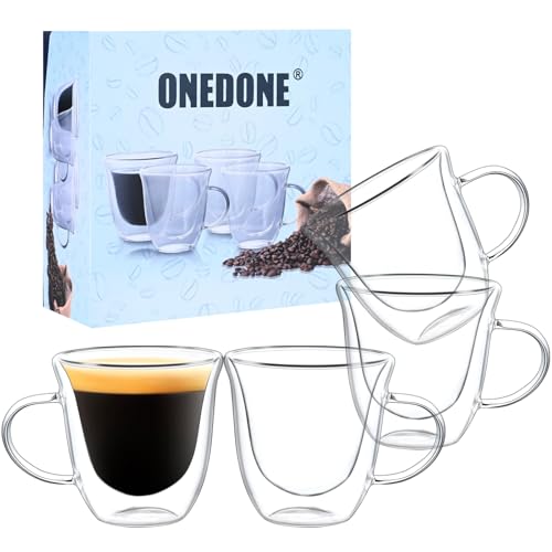 ONEDONE Small Espresso Cups Set of 4 - Double Walled Glass Espresso Shots Cup 2.8 OZ Thermo Insulated Glass Cups with Handle Clear Demitasse Cup for Expresso Machine 2.8 oz with Handle
