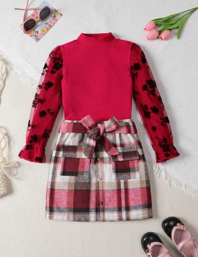Image of Toddler Girl Clothes Girls Outfits Flare-lace Sleeve Top and Plaid Skirt Dress Fall Winter 2Pcs Girls Clothes 5-12T