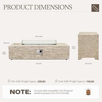 UPHA 56-inch Outdoor Propane Gas Fire Pit Table 50000 BTU Concrete Rectangle FirePit for Outside Patio with Propane Tank Cover, Wind Guad, Blue Glass Rocks, Rain Cover, Beige Texture