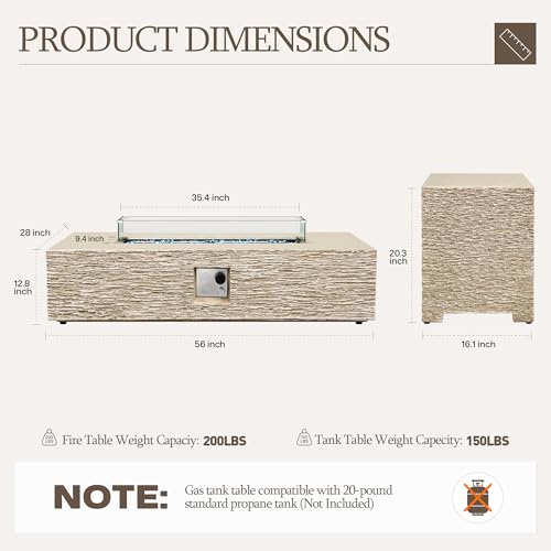 UPHA 56-inch Outdoor Propane Gas Fire Pit Table 50000 BTU Concrete Rectangle FirePit for Outside Patio with Propane Tank Cover, Wind Guad, Blue Glass Rocks, Rain Cover, Beige Texture