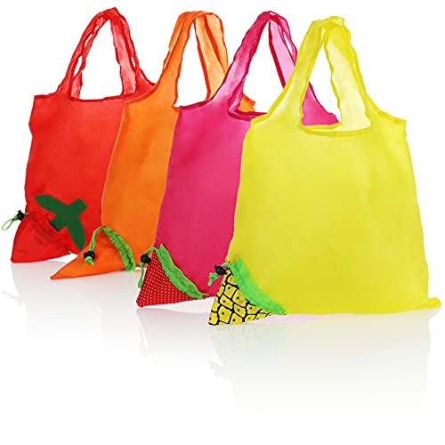 com-four® 4X Faltbare Einkaufstasche aus Nylon, wiederverwendbarer Einkaufsbeutel, Einkaufstüte mit Transporttasche im Obstdesign, Mehrweg-Tragetasche [Auswahl variiert] (04 Stück - Obst - 4 Farben) Cover