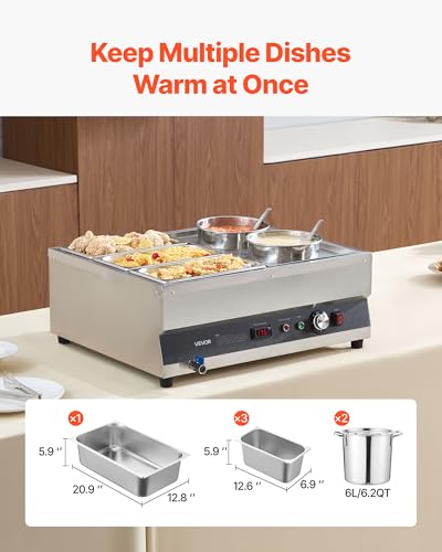 Image of VEVOR Electric Soup Warmer, Two 6.34QT Pots & Three 1 /3 Pans, Stainless Steel Commercial Food Warmer with 86~185F Adjustable Temp, 1500W Bain Marie, Soup Station for Restaurant, Buffet