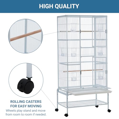 Image of 69'' Extra Large Bird Cage Metal Parrot Cage w /Detachable Stand for Mid-Sized Parrots Cockatiels Conures Parakeets Lovebirds Budgie Finch, White