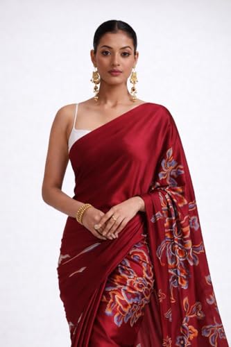 Image of Japan Satin Floral Print Saree for Women with Blouse Piece - Satin Finish Draped Saree