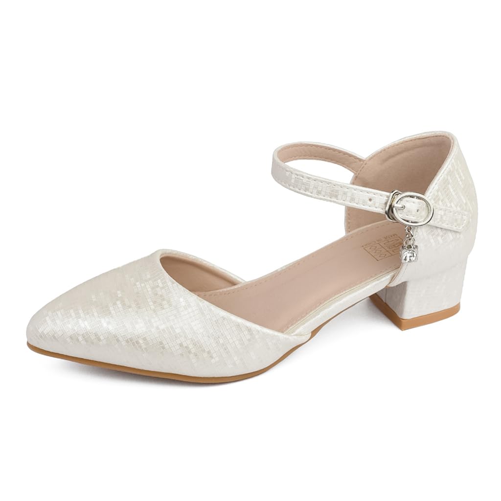 Zapatos con Tacón Niña Princesa Zapatos de Salón Punta Cerrada con Correa al Tobillo y Colgante Strass, Ideal para Boda, Comunión, Ceremonia