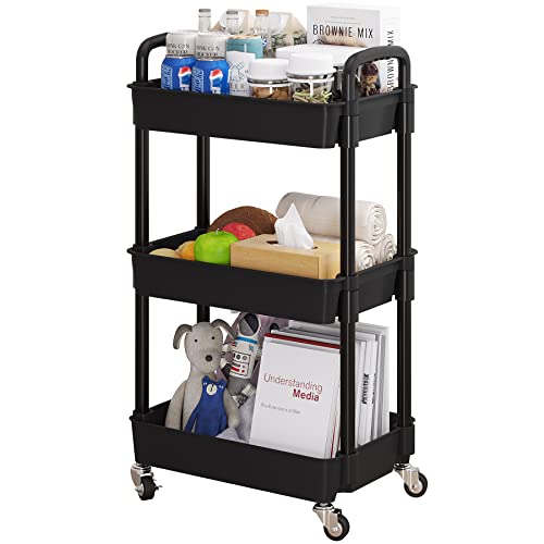 Image of UDEAR 3-Tier Rolling Utility Cart with 12 Category Labels,Multifunctional Comagtable Rolling Shelving with Handle and Lockable Wheels for Room,Office,Kitchen,Bathroom,Black