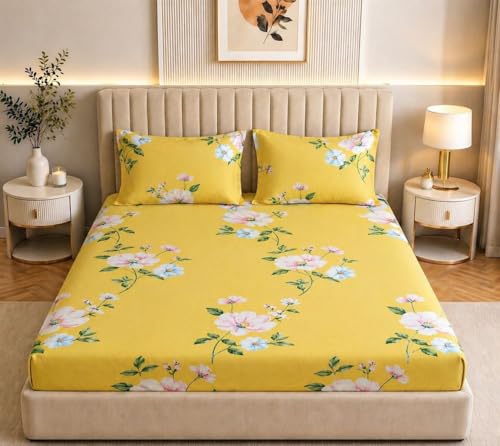 Image of Castiqa Elastic Fitted Supersoft Premium Brushed Cotton 200TC King Size Bedsheets with 2 Pillow Covers (Fits Upto Mattress of 10 Inches) (King (72x78), Yellow Flowers)