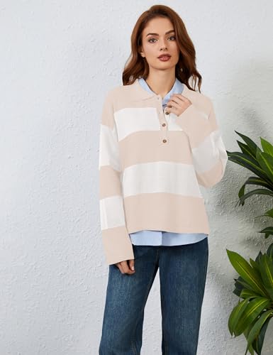 Image of Womens Striped Sweater Rugby Polo Shirts Y2k Collar Pullover Tops | Rugby Shirt,Long Sleeve Knit Top,Lapel V Neck Jumper,Oversized,Casual Outings Streetwear,Preppy Sweater,Fall Winter Clothes