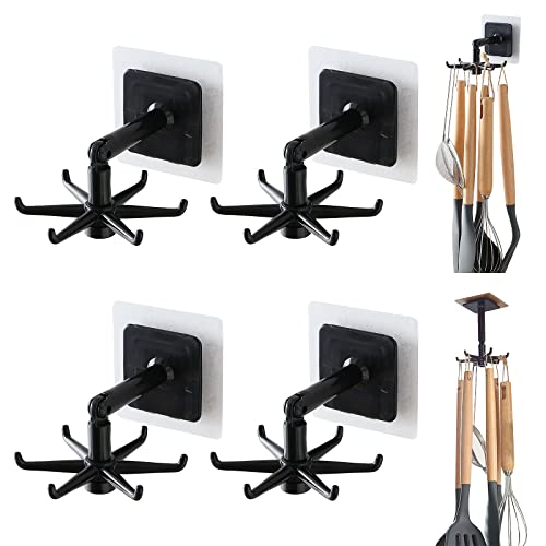 smtfcty Lot de 4 supports pour ustensiles de cuisine sans perçage avec 6 crochets de rotation à 360 ° auto-adhésif multifonction pour ustensiles de cuisine Cover