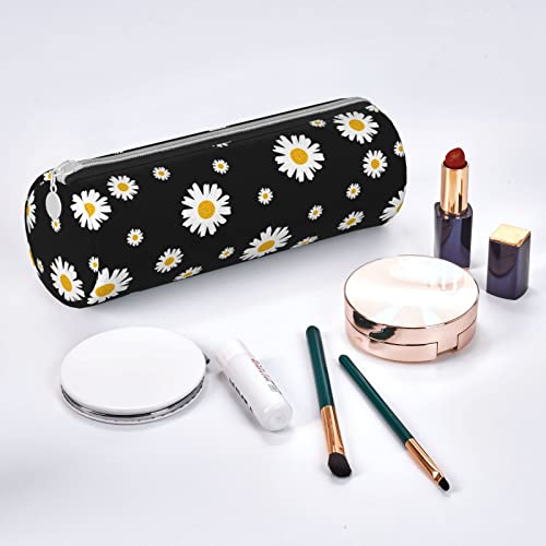 Image of White Yellow Daisy Flower Black Leather Pencil Case Zipper Pen Makeup Cosmetic Holder Pouch Stationery Bag for School Work Office