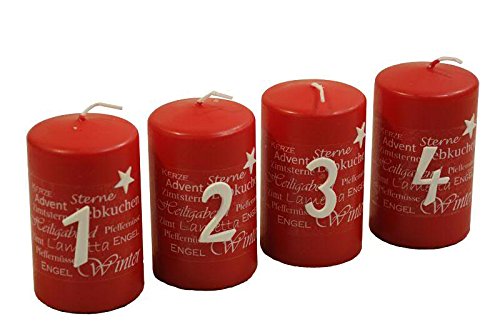 Tolle Adventskerzen mit Zahlen & Motiven - Höhe 10cm / Ø 6cm - Weihnachtliche Kranzkerzen/Stumpenkerzen - Adventskranz/Weihnachtskranz/Weihnachtskerzen/Kerzen Weihnachten (Rot) Cover
