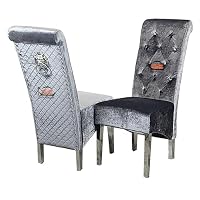 Tall Lion Knocker Velvet Dining Chairs | Fabric Dining Chairs High Back Kitchen Chairs Soft Padded Seat and Wooden Legs | Dining Chair for Home, Kitchen (Steel) (Dark Grey Velvet)
