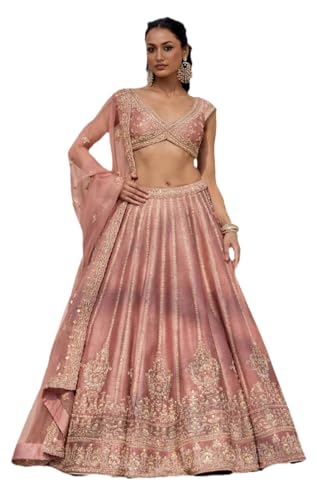Image of JIHU CULTURE Women's Semi-Stitched Pink Fancy Silk Zari & Sequin Embroidered Lehenga Choli with Net Dupatta