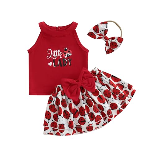 xiabingeang Summer Bee Ladybug 3PCS Skirt Outfits Infant Baby Girl Sleeveless Tank Tops A-Line Big Bowknot Skirts Headband (Red, 9-12 Months)