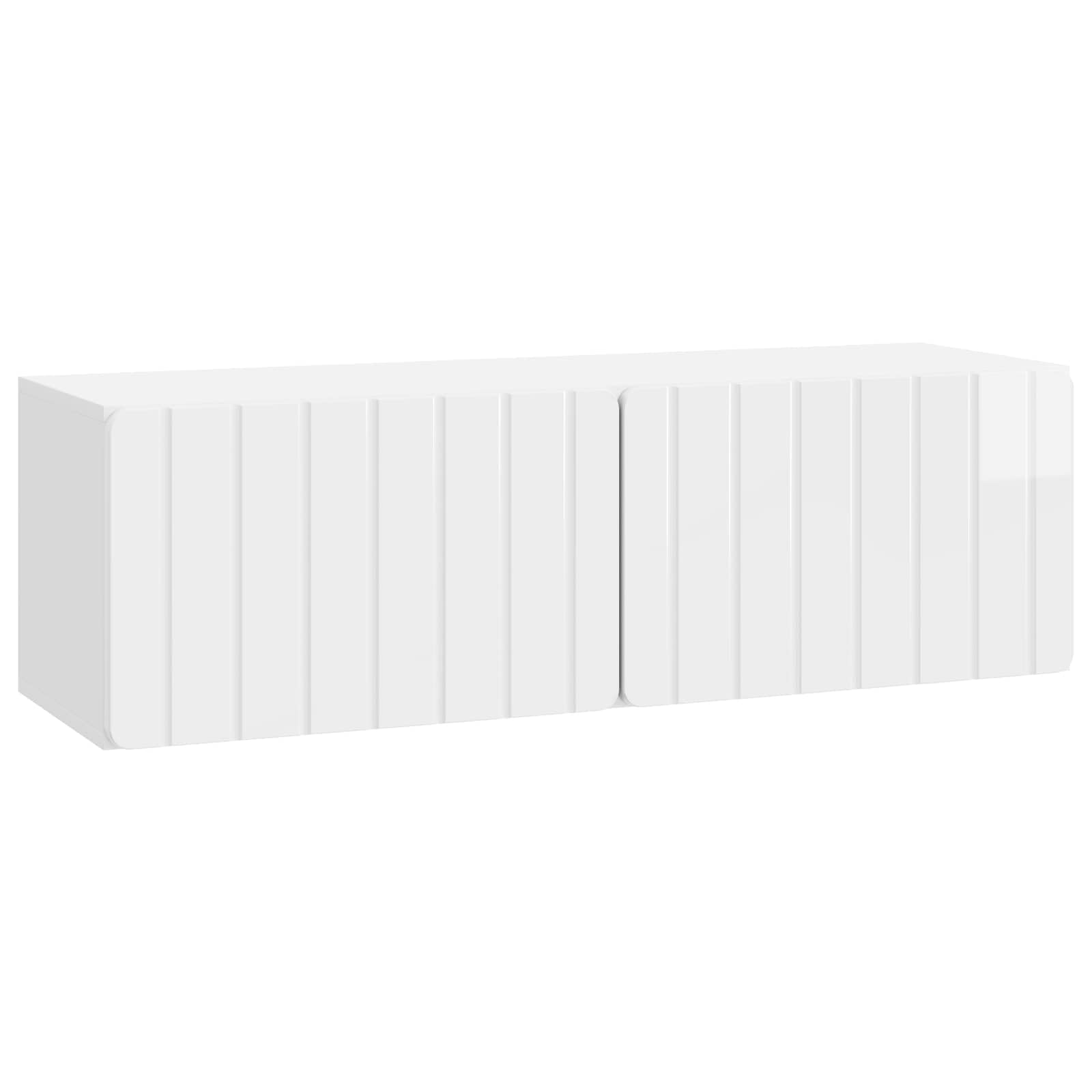 Mueble de TV montado en la pared, color blanco brillante, 98 x 31 x 30 cm, moderno mueble de TV colgante de madera con 2 puertas abatibles, ahorra espacio para el salón