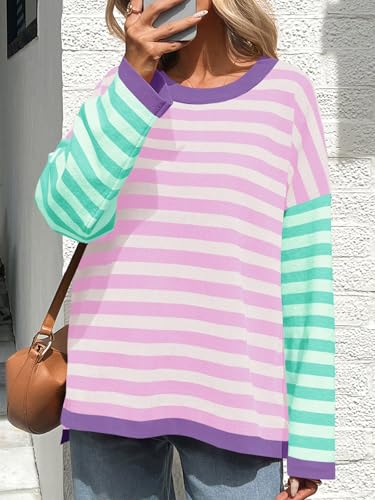 Saodimallsu Womens Striped Oversized Sweaters Color Block Crew Neck Long Sleeve Loose Knit Pullover Sweater3