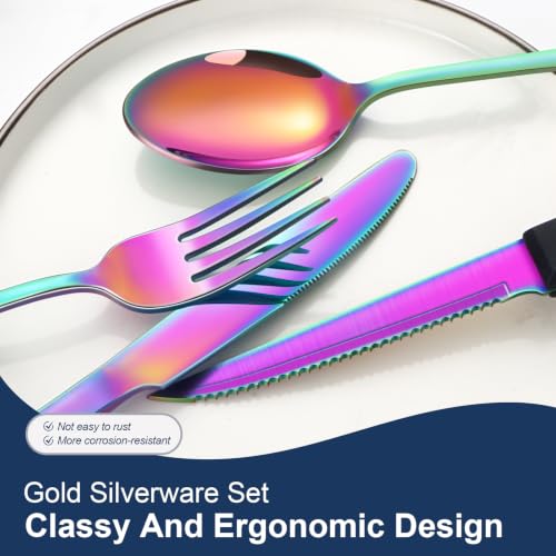 Image of 24-Piece Rainbow Silverware Set with Steak Knives Black Stainless Steel Flatware Set for 4 Food Grade Tableware Cutlery Set Rust-proof, Mirror Polished, Dishwasher Safe