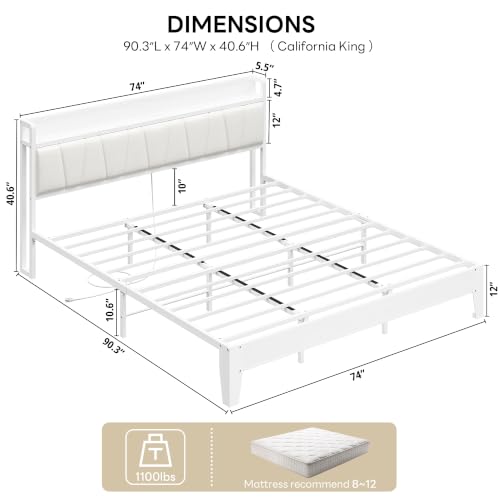 Image of LIKIMIO California King Bed Frames, PU Leather Storage Headboard with Charging Station, Solid and Stable, Noise Free, No Box Spring Needed, Easy Assembly, White