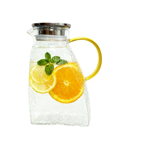 Space-Saving 1.8L Glass Refrigerator Water Pitcher with Lid and Stainless Steel Top for Drinks and Ice – BPA Free and Heat Resistant Handle